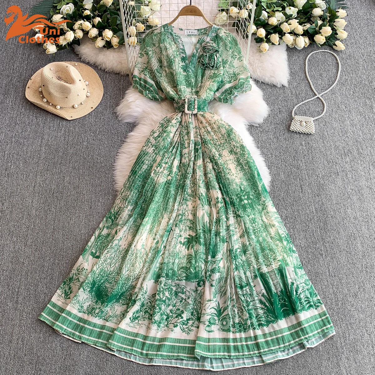 UNI imprimé robe Maxi femmes vacances d'été robes longues chemise 2025 printemps à manches courtes simple boutonnage perles robes de fête