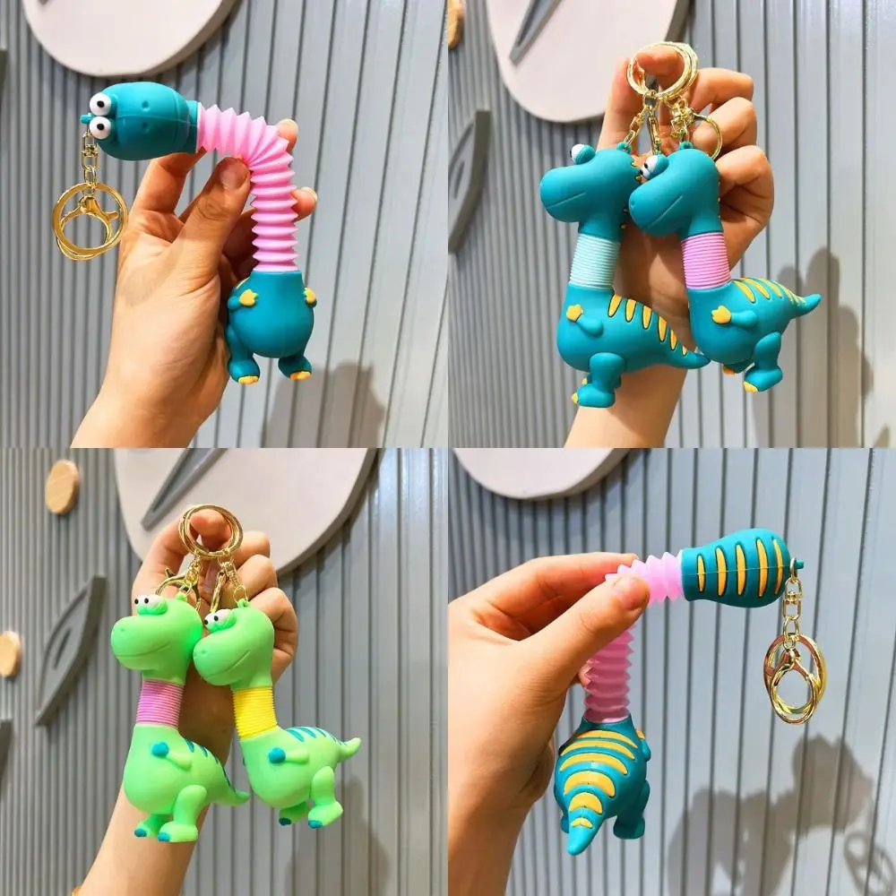 Cartoon Green Dinosaur Keychain Creative Anime Figure Car Keyrings Retractable Spring Neck Kids Gift Dinosaur Dolls Pendant