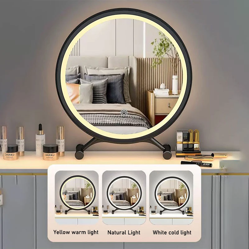 Large Makeup Mirror with LED Light Desktop Makeup Table Desktop Internet Celebrity Fill Light Circular Mirror Plug and Play