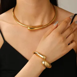 DIEZI Retro Vintage Water Drop Choker Necklace Bangle Ring Set For Women Punk Geometric Gold Color Metal Bangles Jewelry Set