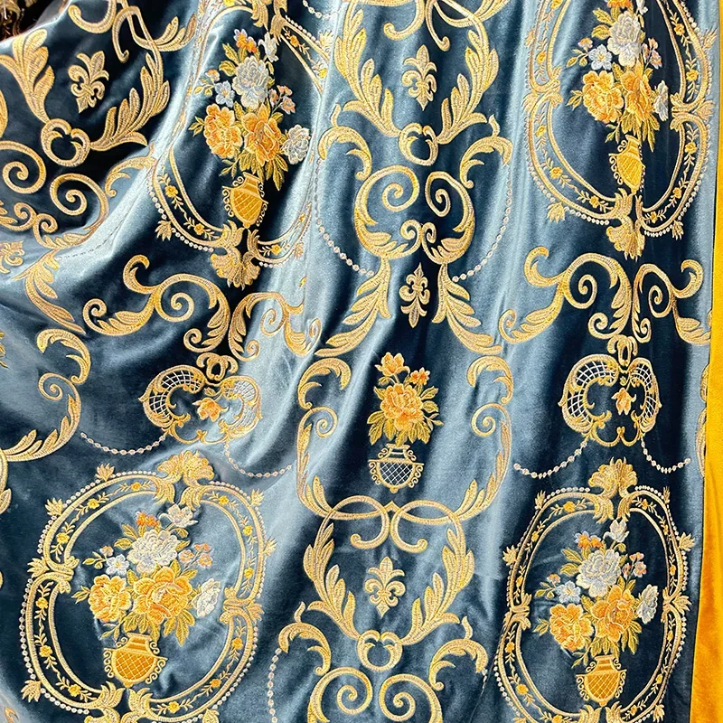 American Retro Blue High-end Embroidered Velvet Curtains for Living Room Bedroom Balcony and Villa Customization Valance