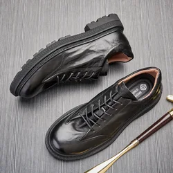 Italian Nature Leather Mens Dress Shoes Luxury Brand Fashion Platform Elegant Genuine Leather Outdoor Oxfords Shoes Man