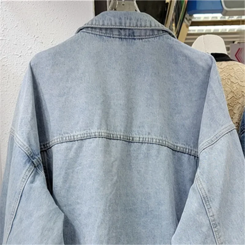 Heavy Work Diamonds Denim Jacket Women Loose Vintage Blue Short Cowboy Outerwear Spring Autumn Casual Jeans Jacket Coat Female - Image 5