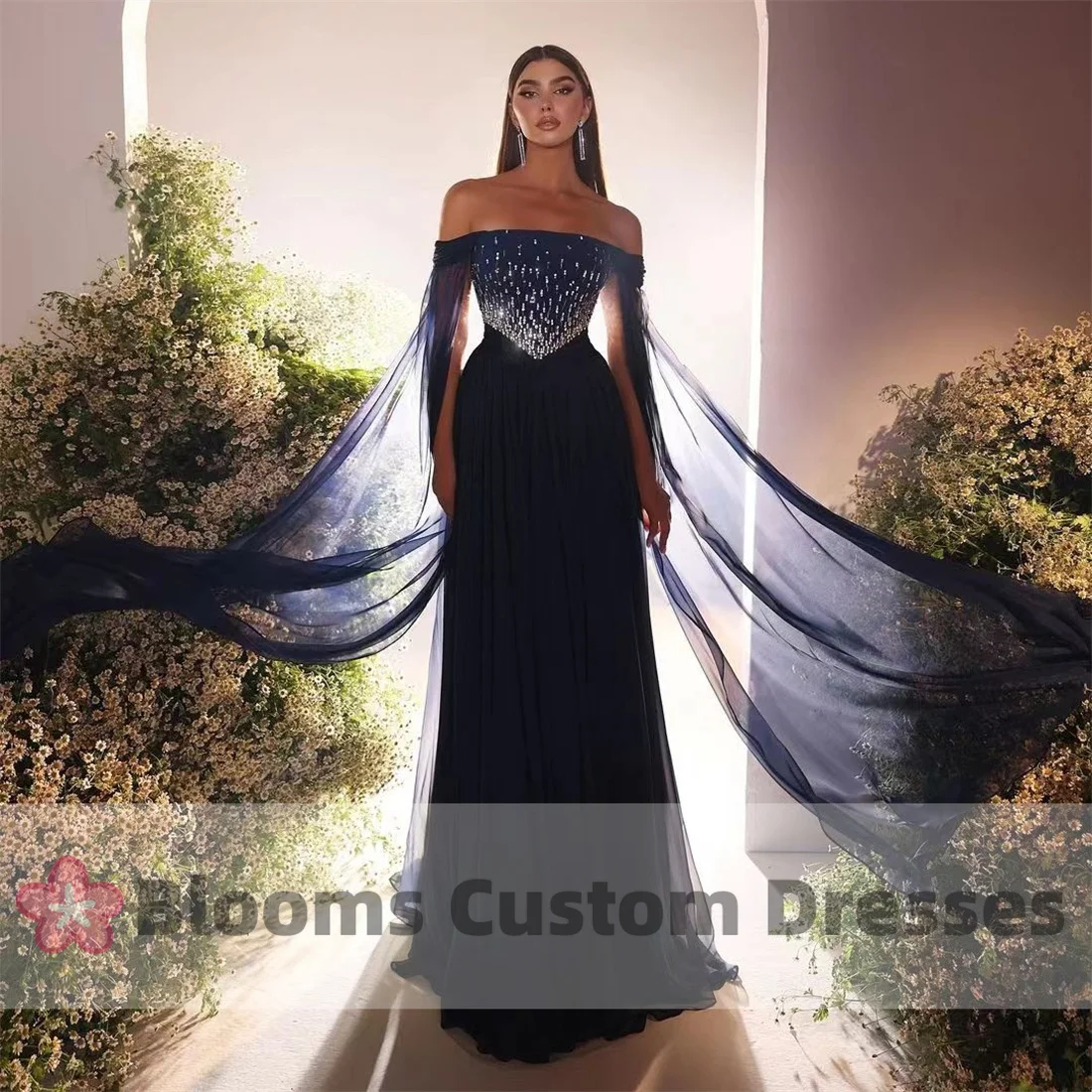 Blooms Off Shoulder Chiffon Luxury Evening Dresses 2024 Shiny Beads A-line Draped Formal Party Gown robes invitée mariage