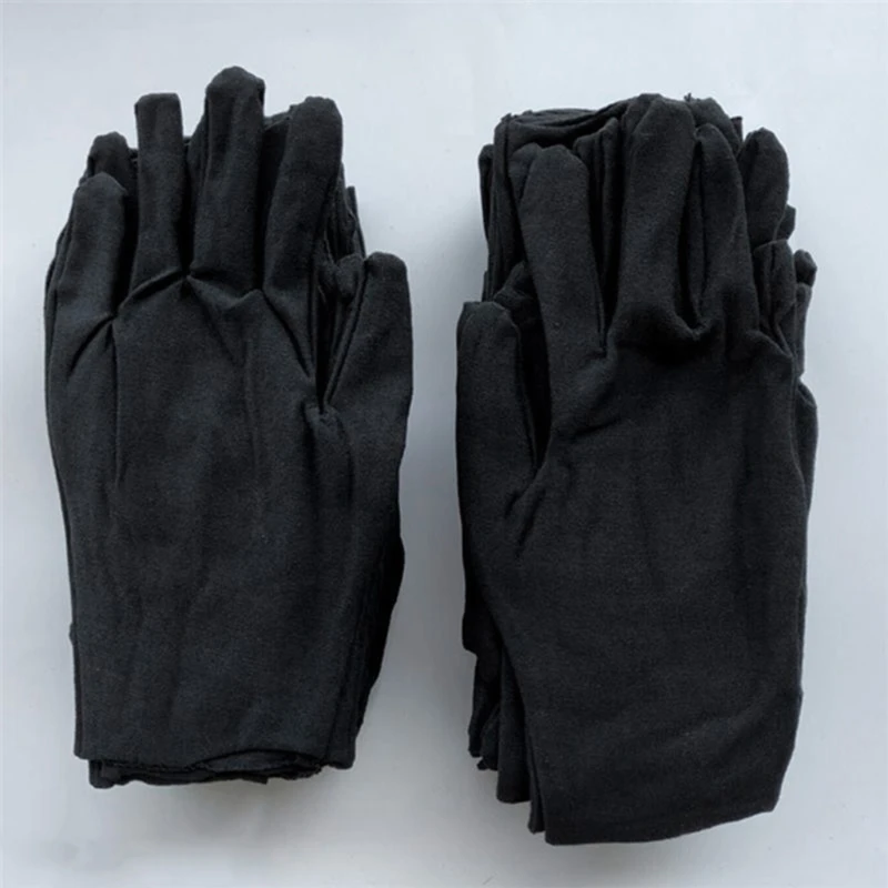 12 Pairs Unisex Soft Black Cotton Full Finger Working Gloves Formal Dress Parade Jewelry Inspection Protective Stretcahble