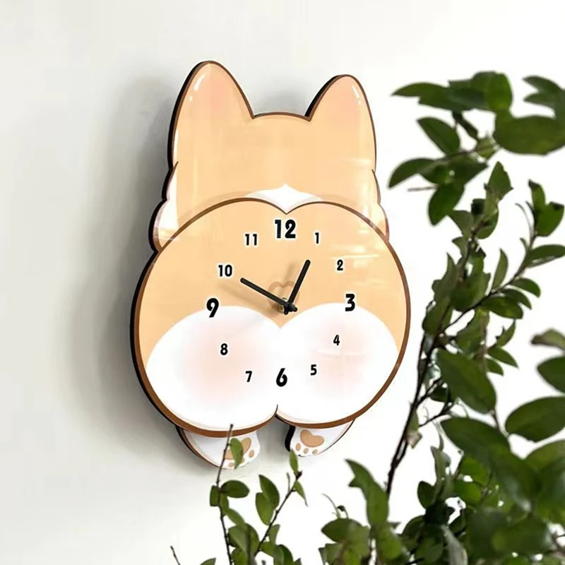 ABRE-Cartoon Dog Corgi ساعة هزازة للغرفة وغرفة النوم ساعة حائط صامتة لطيفة