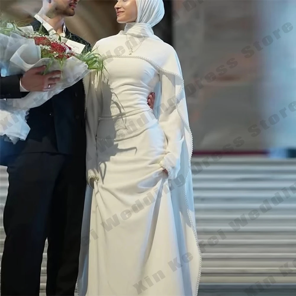 Suknie ślubne dla muzułmanek z wysokim dekoltem, eleganckie, z długim rękawem, z szalem, księżniczki, z perłami, formalne, na przyjęcie, szyte na miarę, vestido