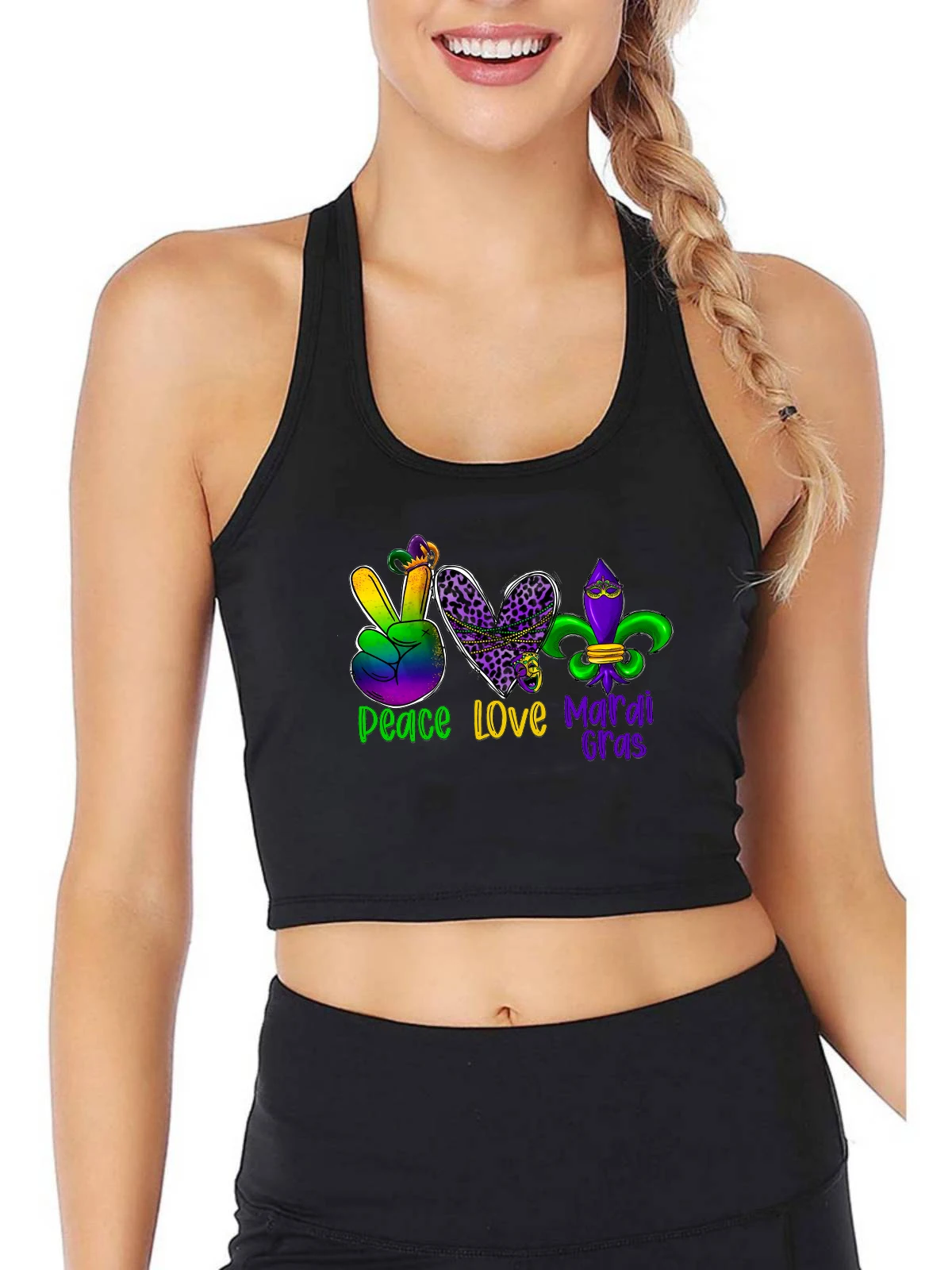 

Peace Love Mardi Gras Graphic Sexy Slim Fit Crop Top Customizable Cotton Breathable Tank Tops Characteristic Camisole