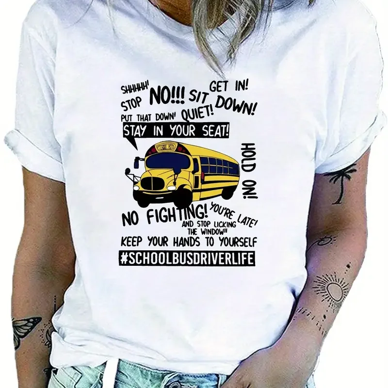 School Bus Driver Life Print T-Shirt Casual Short Sleeve Crew Neck T-Shirt Summer Women\'s Clothing Summer Women\'s T-shirt