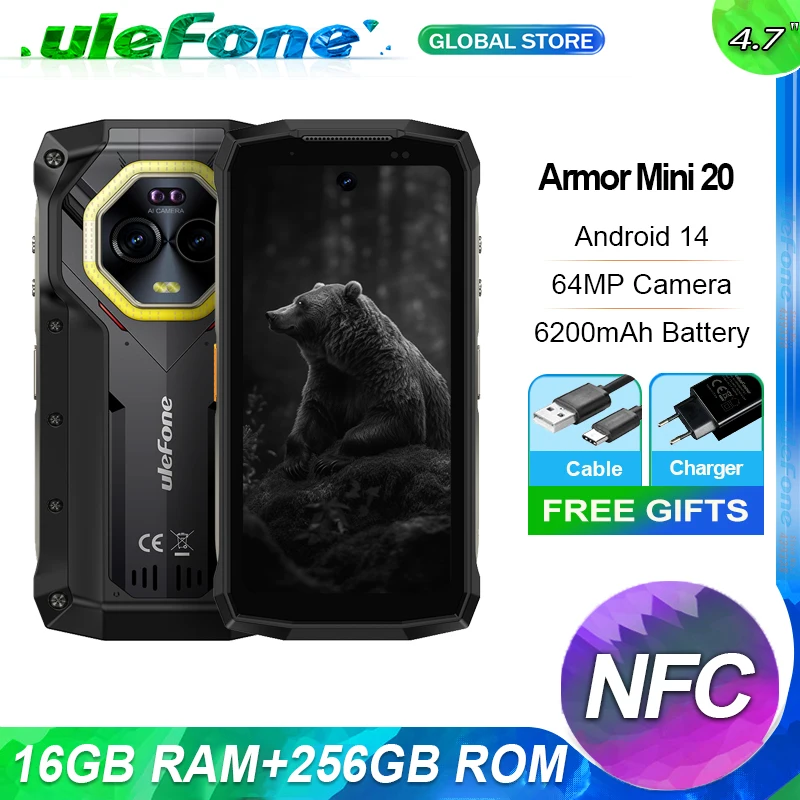 Ulefone Armor Mini 20,NFC,16 Гб(8+8) + 256 Гб,4G Rugged,6200 мАч,Android 14,33W Charge,64MP Night Camera,LED глобальная версия