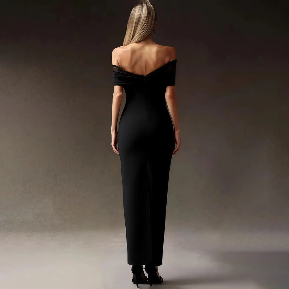 فستان حفلة موسيقية أسود قبالة الكتف قارب الرقبة الكاحل طول فستان الحفلات كريستال جيرسي مفتوح الظهر مستقيم فساتين السهرة حسب الطلب #2