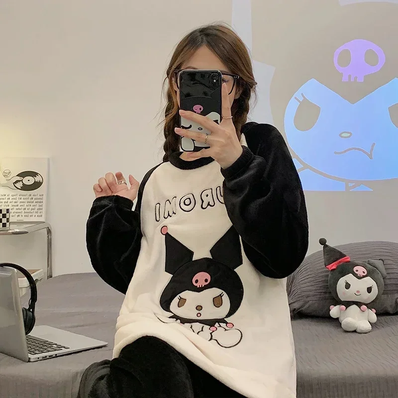 New Sanrio Kuromi Pajama Sets Women Winter Warm Cute Sleepwear Print Pajama Cartoon Home Clothes Valentine\'S Day Gift Soft