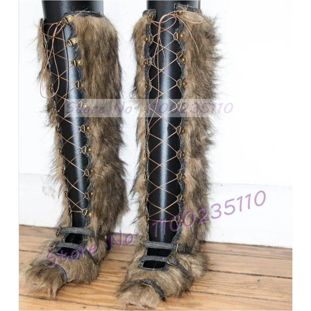 Sexy Open Front Lace Up Fur Boots For Women Fashion Novelty High Heels Cool Girls Dress Shoes Ladies Stylish Belt Buckles Boots