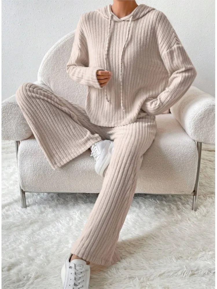 

Autumn Women's Knitted Outfit Casual Solid Two-piece Set Long Sleeve Hooded Sweatshirt + Pants Sets Winter Loose Suit Homewear