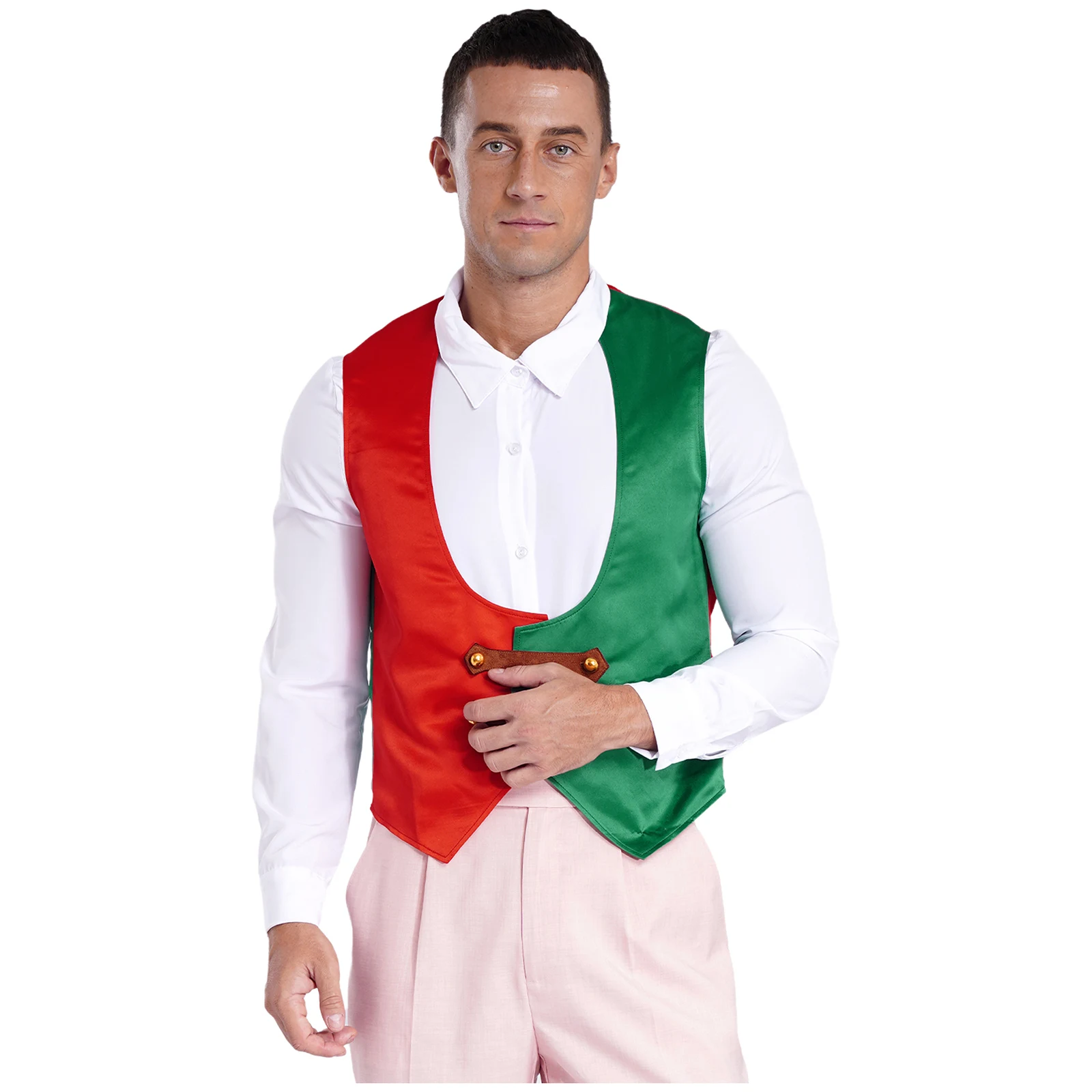 Mens Christmas Contrast Waiter เสื้อกั๊กลึก U คอปุ่ม Tank Top Christmas Elf เสื้อกั๊ก Xmas Holiday Cosplay Party เครื่องแต่งกาย