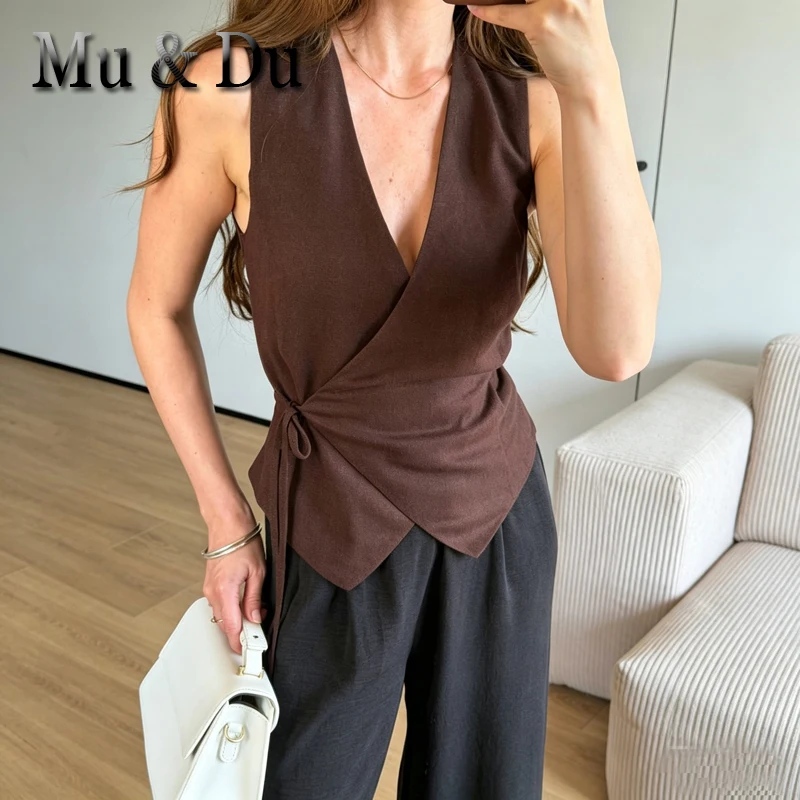 V-Neck Linen Vest Women Waistcoat Spring Summer Casual Thin Sleeveless Short Jacket Asymmetrical Lace Up Female Coat