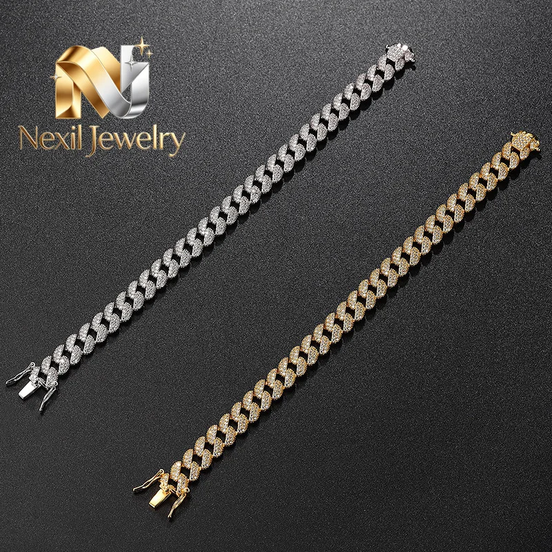 Nexil Jewelry  Luxury Solid Platinum PT950 18K gold Men's and Women's Full Diamond Moissanite Cuban Chain Bracelet Hip Hop Brac