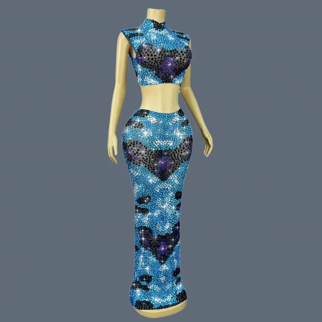 Sparkly Crystals Blue Black Crop Tops Long Skirt 2Pieces Set Birthday Party Sexy Outfit Festival Celebrate Evening Gown Huanqing view 3