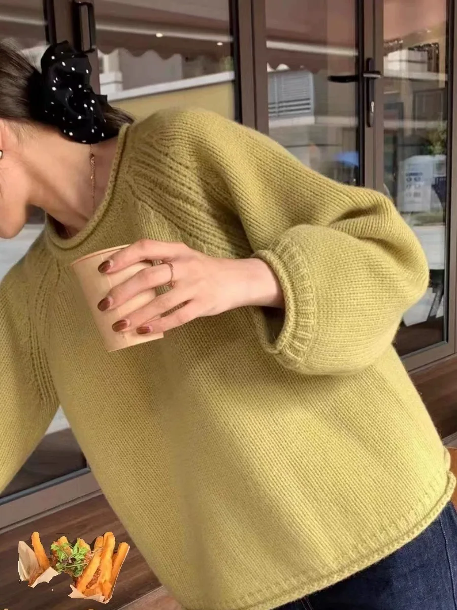 Pull en cachemire pur pour femme, avec bord roulé épais, col rond, bas en tricot ample, nouvelle collection automne et hiver