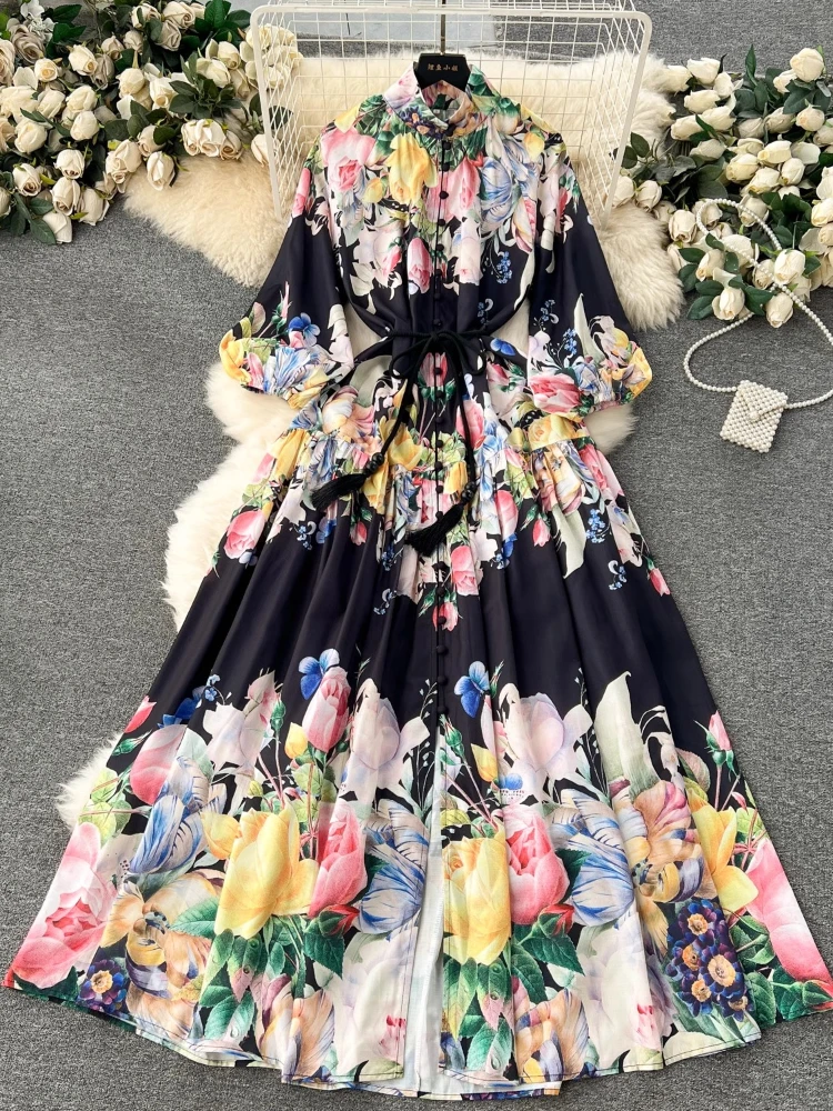 French Vintage Oil Paint Long Dress Women Stand Collar Long Lantern Sleeve Floral Dresses Ladies Elegant Spring Autumn Long Robe