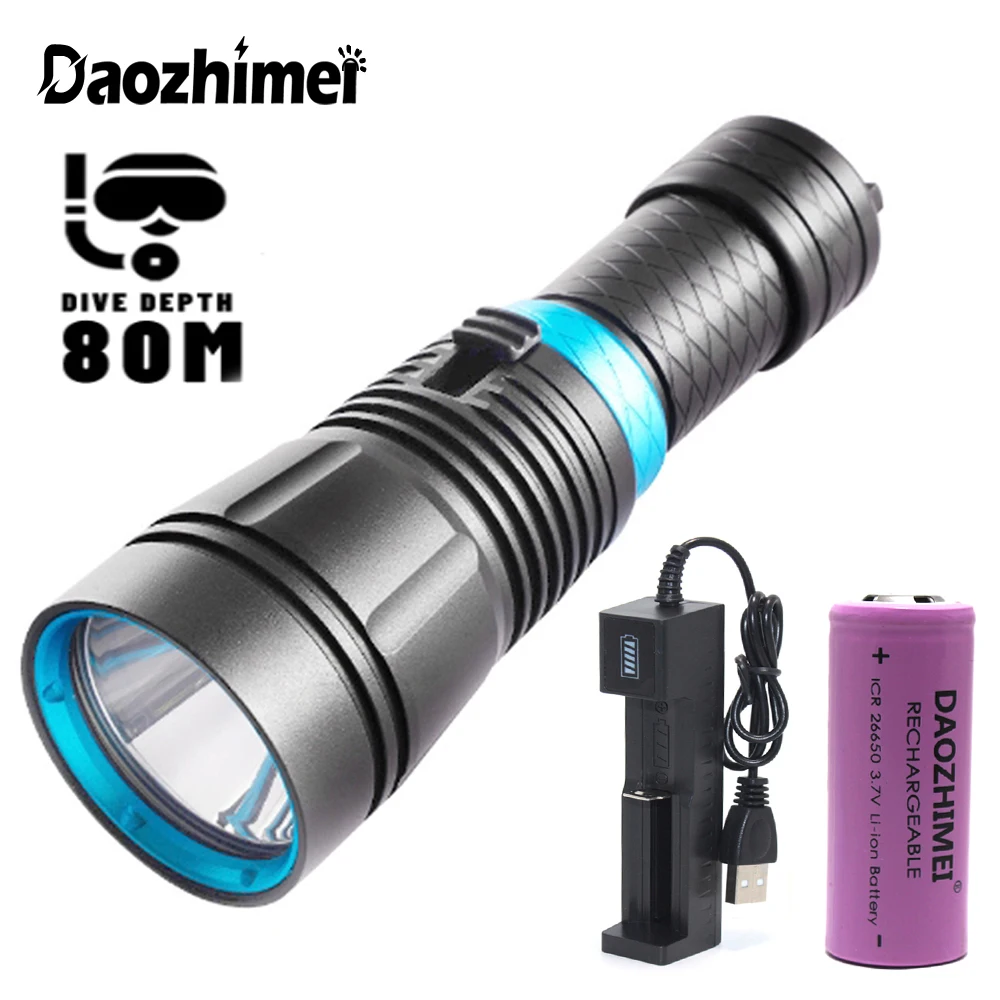 5000 Lumens LED Dive Light XHP70 Diving Flashlight IPX8 Waterproof Torch By 26650 Battery Underwater 80 Meter Deep Sea Lamp