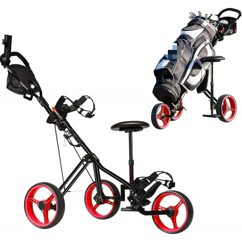 AQGolf Carts 3 Wheel Folding-Collapsible Lightweight Push Cart with Seat for Golf Clubs,Foot Brake/Umbrella Holder- 4 Heigh