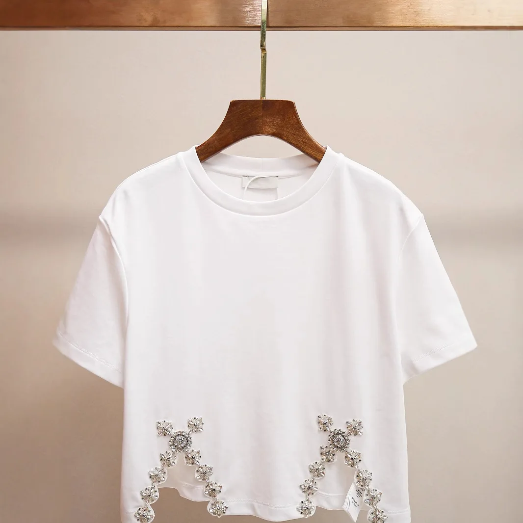 

Round Neck Women's White Slit Tshirt Design Rhinestone Decoration Short Sleeve Versatile All-Match Top for Summer Female