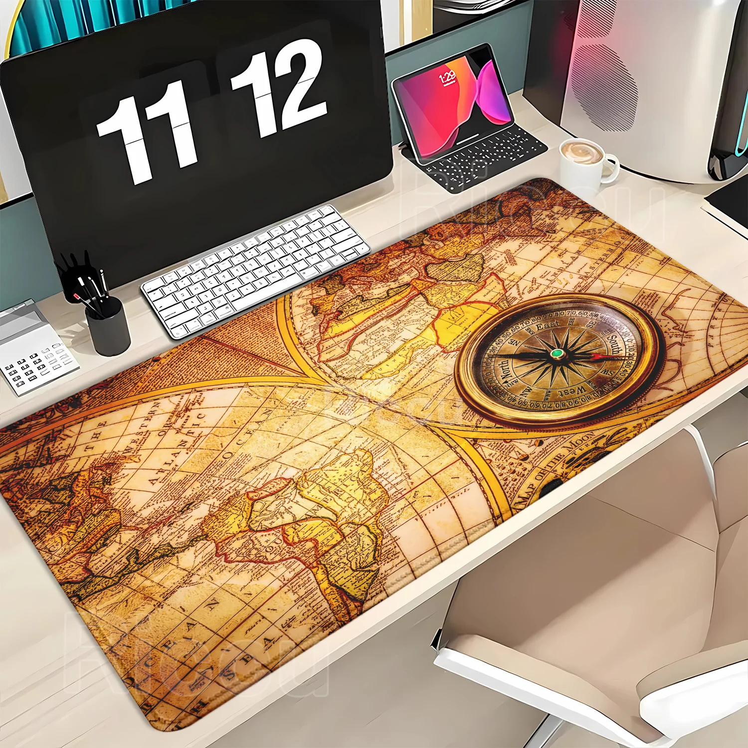 XXL Vintage Steampunk Compass Design Mouse Pad Large Gaming Office Desk Mat Non-Slip Stitched Edges for Gamers and Home Office