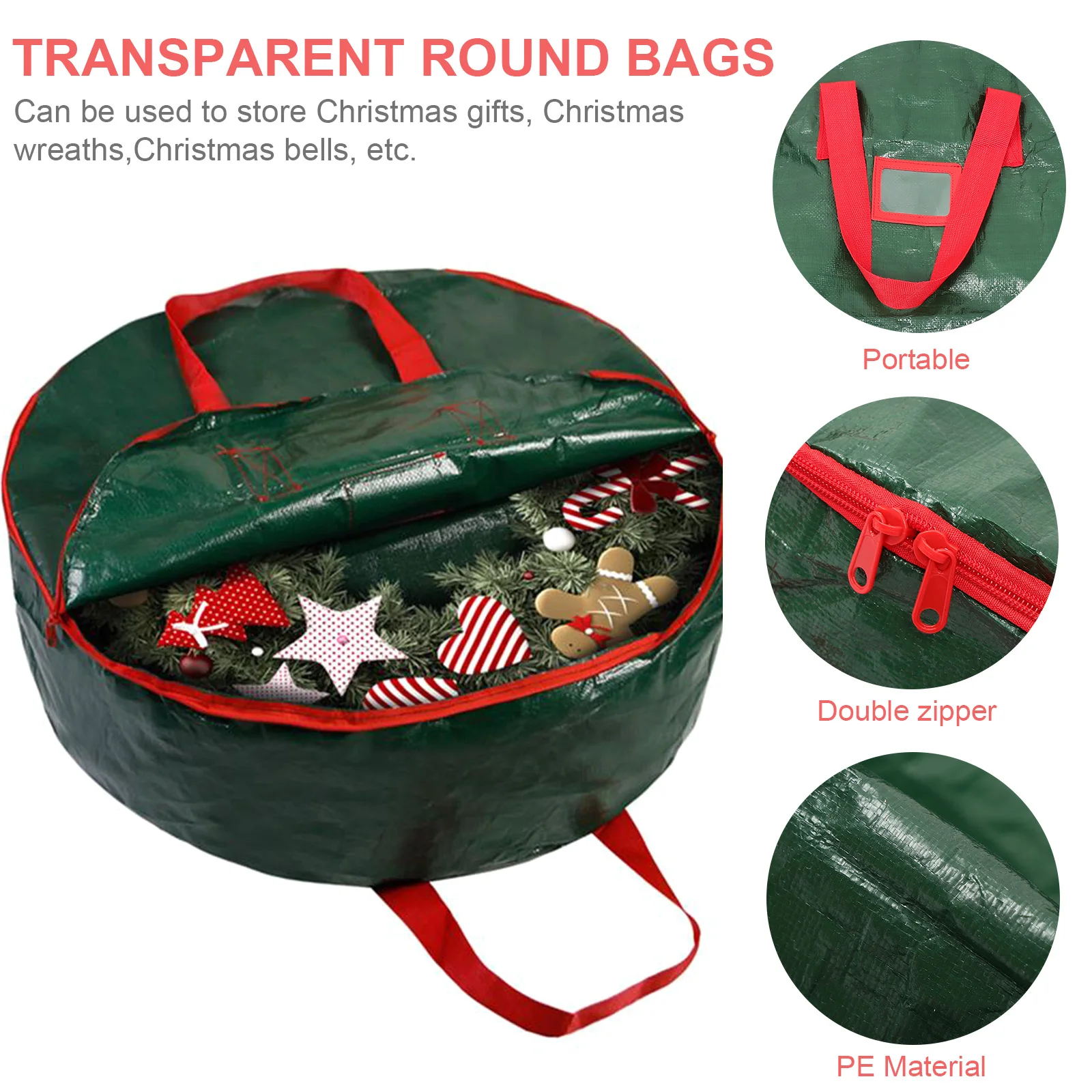 

1pc Christmas Decoration Storage Bag Wreath Gift Large Round Portable Handle Holiday Bags Xmas Plastic For Festive Décor