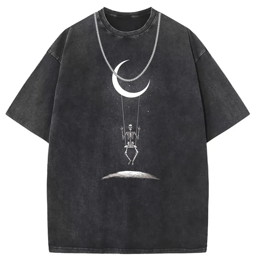 2023 Mens Skeleton Moon Tshirt Washed Hip Hop Sportswears Sweatshirts Long Sleeve Camisa Cool Skull Halloween T Shirt