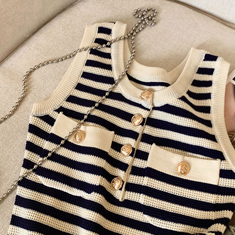 Moda listrada casual em torno do pescoço fino ajuste botão senhora doce outerwear colete para mulher