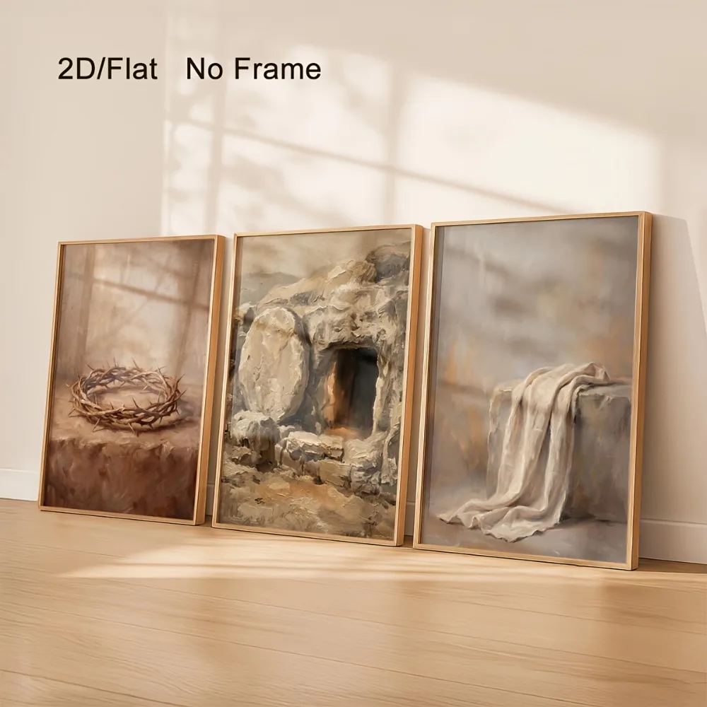 2D Flat,3pcs Frameless,Christian Wall,From Pain To Resurrection Bible Prints,Crown of Thorns Empty Tomb Poster,for Family Decor