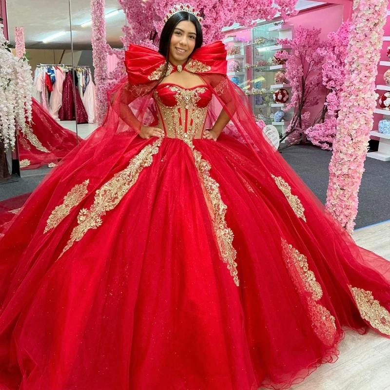 

Red Quinceanera Dresses Ball Gown Off Shoulder Gold Appliques Lace Beads Tull With Cape Birthday Payty Sweet 16 Dress Vestidos