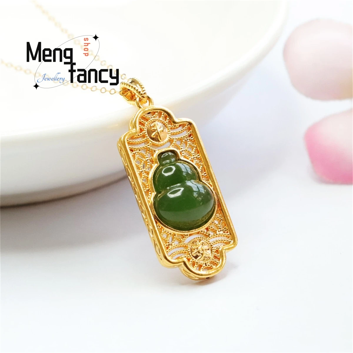 Natural 18k Gold Inlaid Hetian Jasper Gourd Safety Lock Necklace Charm Personalized Fashion Versatile Exquisite Luxury Jewelry