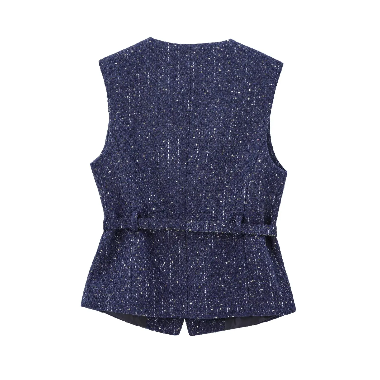 

ZBZA Autumn New Women's Faion Design Textured Vest with Belt Bead Decoration Versatile round Ne Polyester Fiber