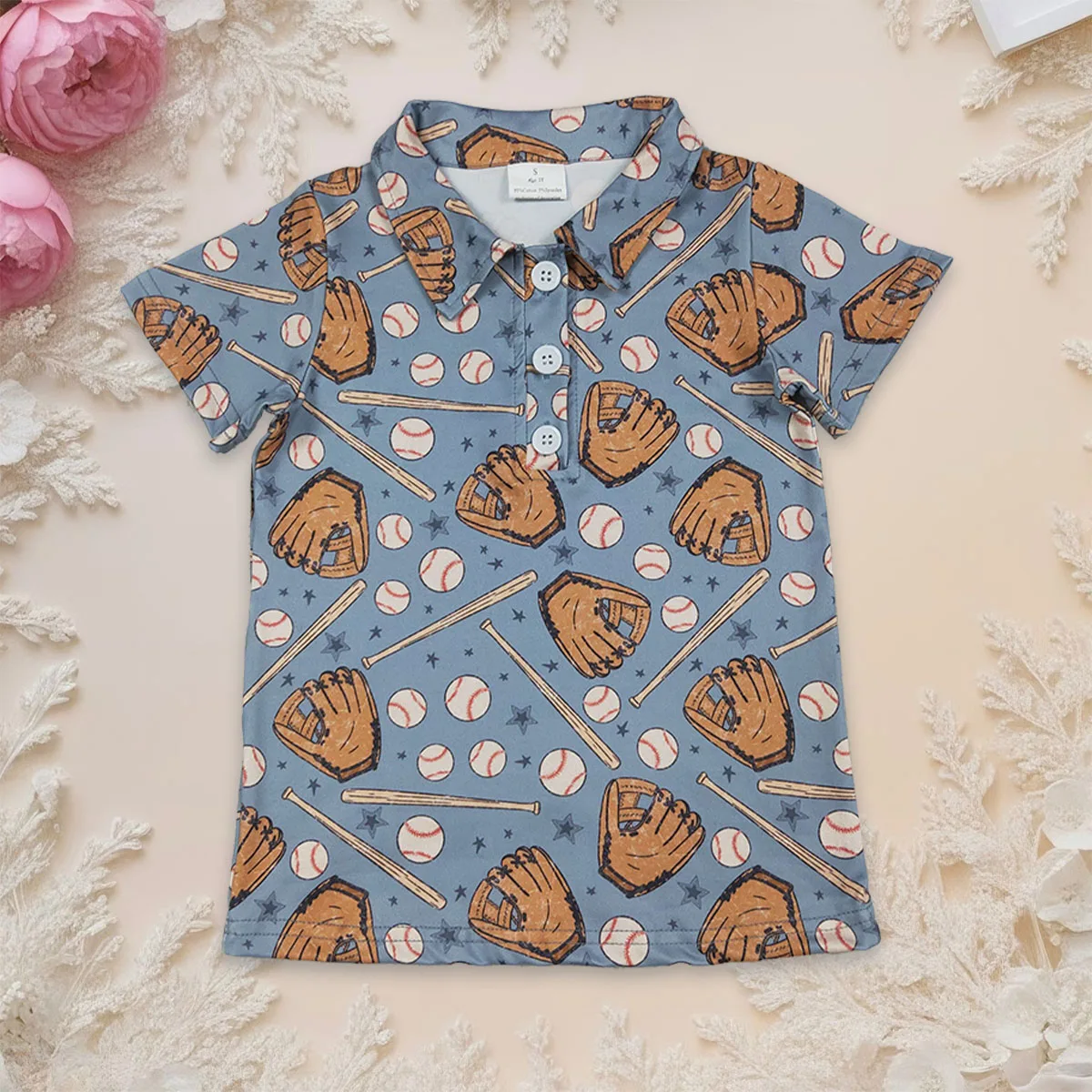 

Baby Boy Short Sleeve Stars Baseballs Shirts Button Top Kids Clothes Pullover T-shirt Children Infant Toddler Cardigan Wholesale