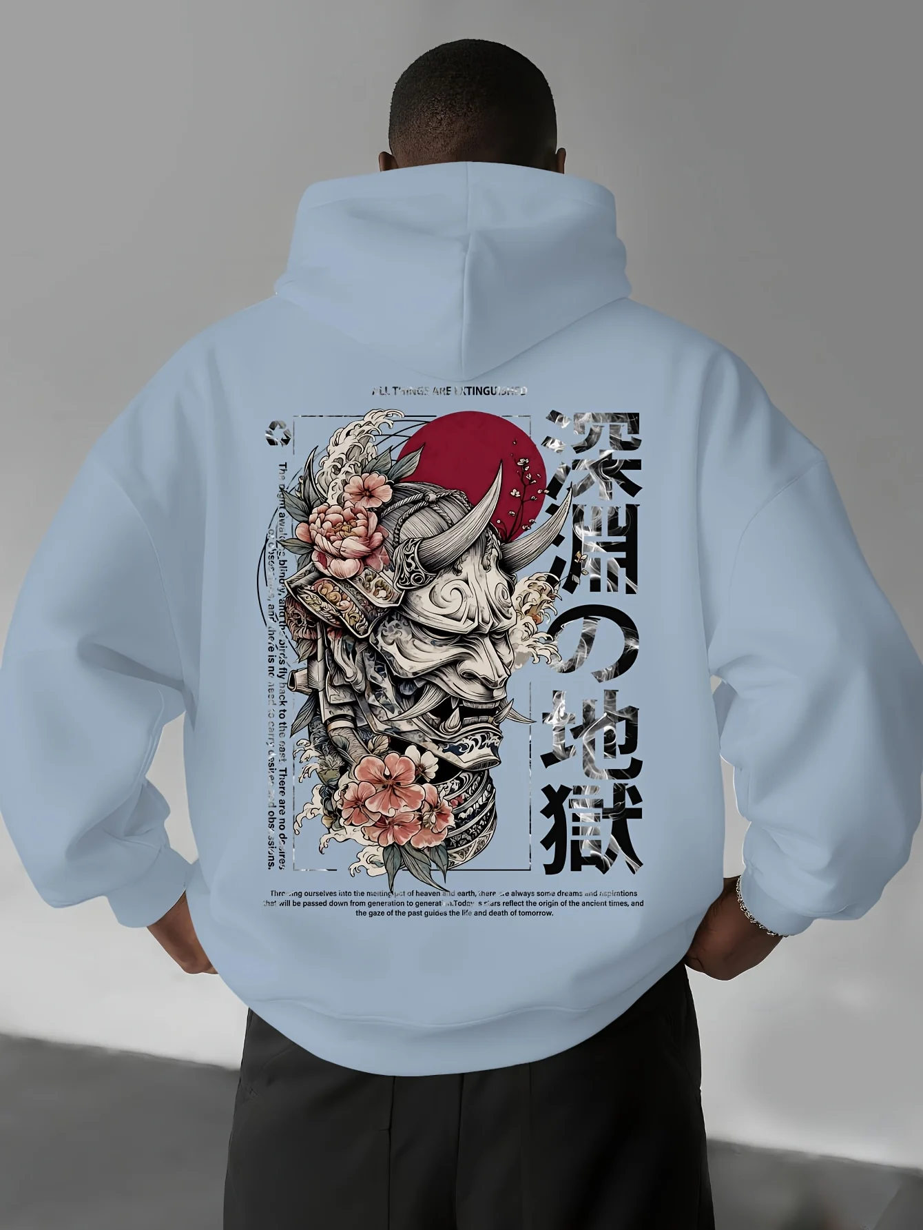 Men Japanese Samurai Kabuki Mask Printed Fall-winter Hooded Pullover Hoodie Loose Warm Casual Street Style with Added Insulation