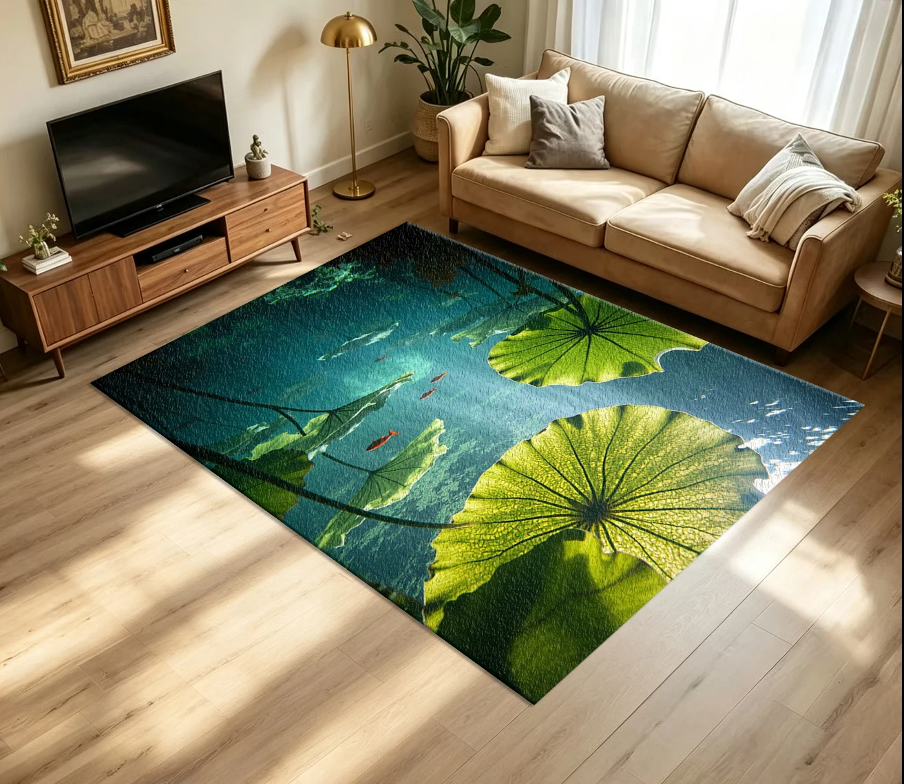 Underwater Lotus Leaf Carp Carpet Flooring Natural Aquatic Plant Goldfish Sunlight Scenery Art Pattern Printed Floor Rug for Household Indoor Aesthetic Home Decor