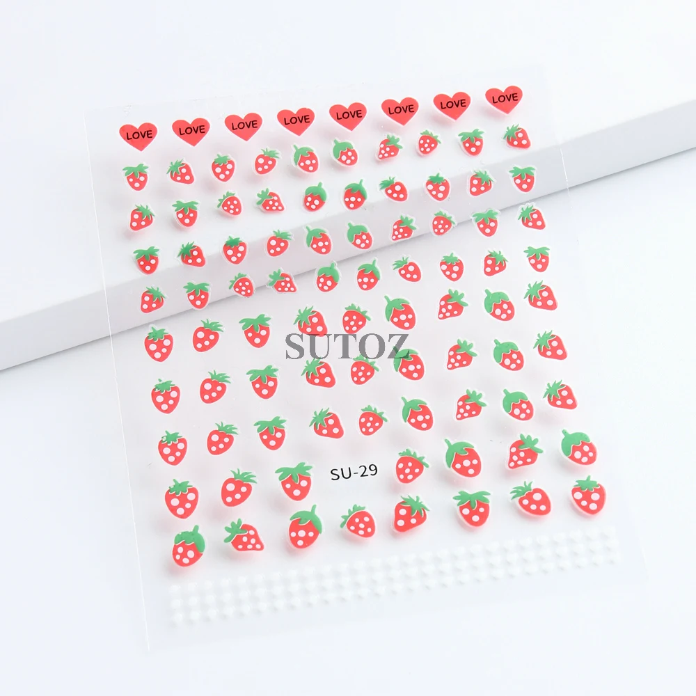 3D Strawberry Nail Art Stickers Heart White Round Dot Nail Decal Y2K Strawberry Slider Self-Adhesive Manicure Decoration NTSU-29