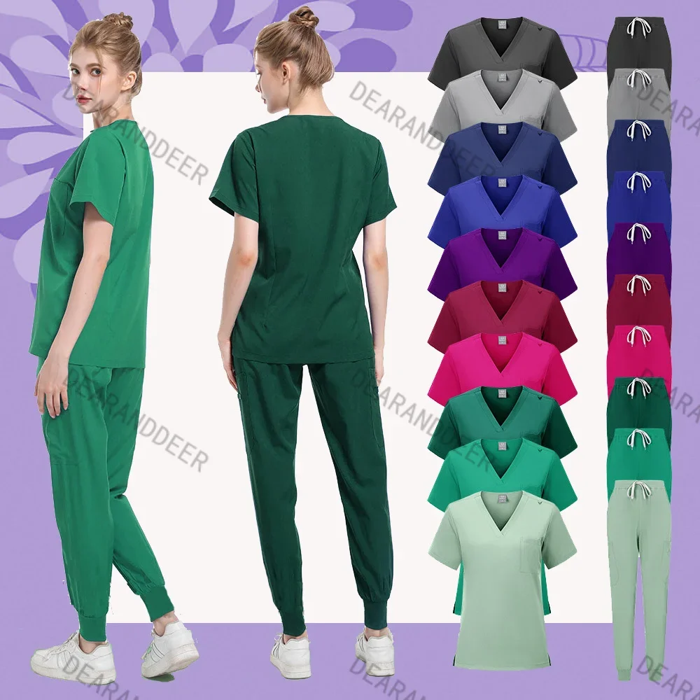 

High-quality nursing nurse uniform set short-sleeved V-neck top + pants women's multi-color pet dental clinic medical work set