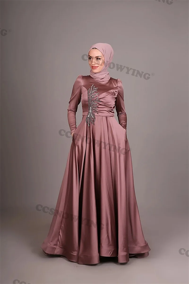 

Long Sleeve Hijab Muslim Evening Dresses Islamic Satin Appliques Beaded Formal Party Gown Arabic Dubai Women Moroccan Caftan