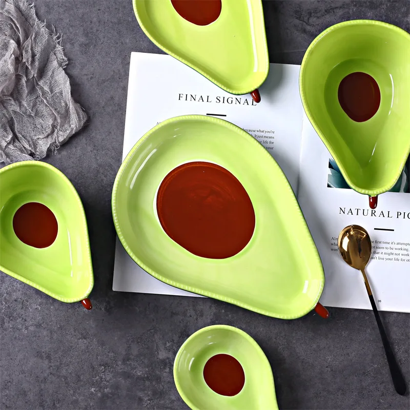 Creative Cartoon Avocado Shaped Ceramic Salad Bowl Soup Bowl Family Fruit Snack Plate Kitchen Utensils Accessories