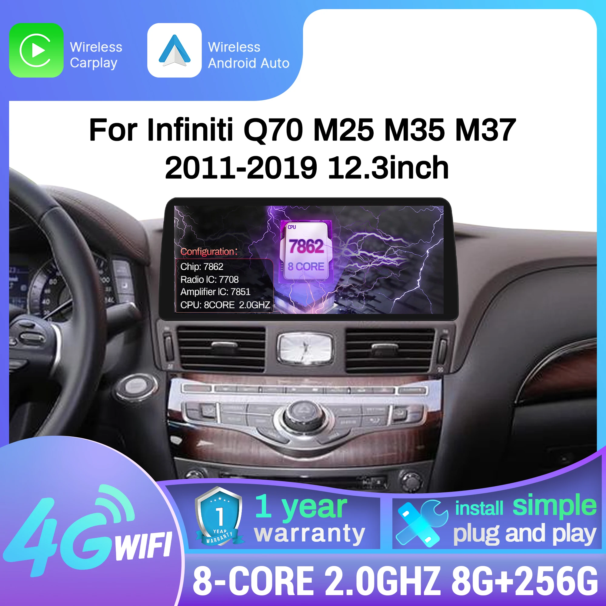 

12.3 inch Android 14 Car Radio Multimedia For Infiniti Q70 M25 M35 M37 2011 2012 2013-2019 Wireless Bluetooth Carplay 4G Screen