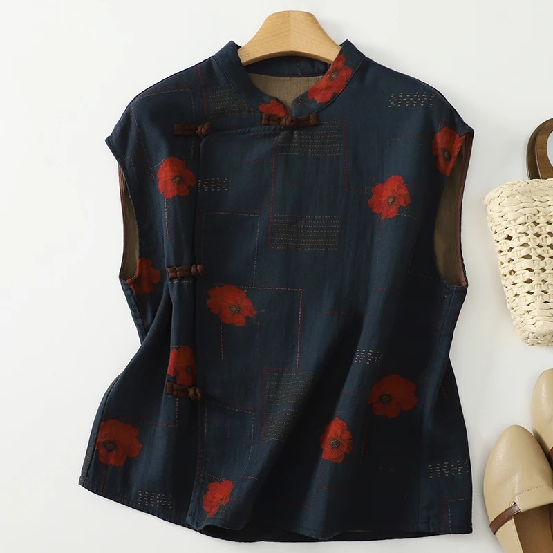 Double-Sided Silk Cotton Printed Vintage Chinese Ethnic Style Women's Vest with Button Placket Sleeveless Casual Mom Clothes