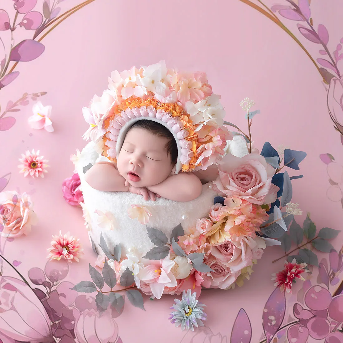 Baby Floral Bonnet Newborn Girl Floral Hat Newborn Photography Props Infant Garden Flower Hat Photo Shoot