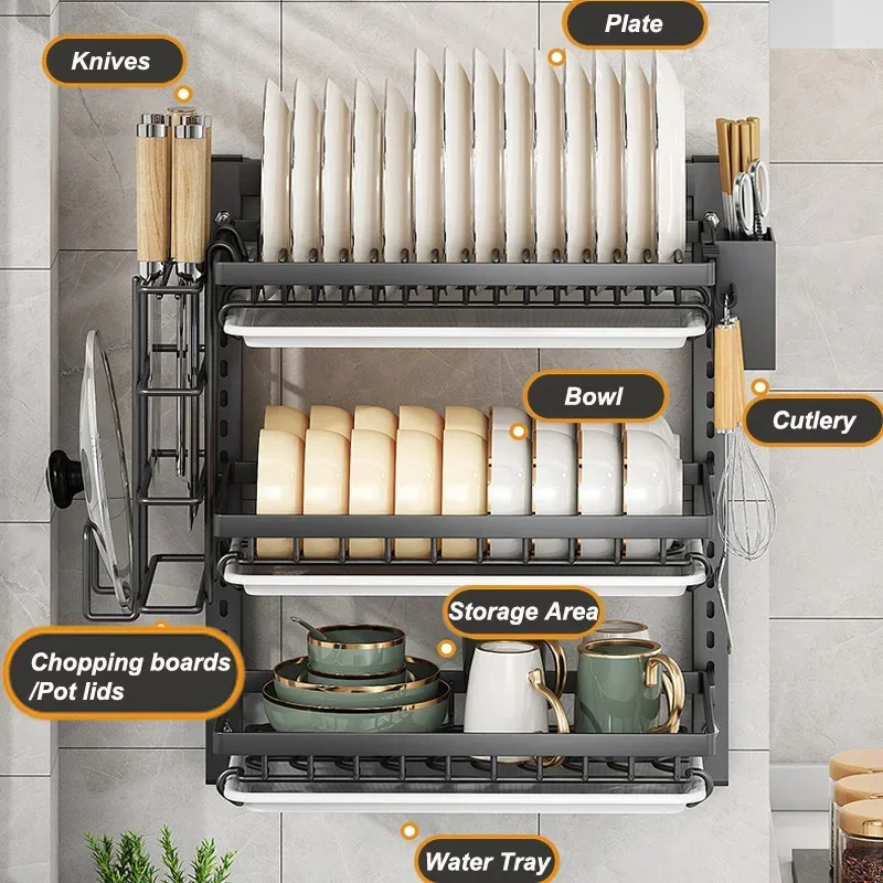 Kitchen Dish Rack Wall Mounted Multifunctional Storage Rack No-hole Cupboard With Chopsticks Knives Plates Draining Storage