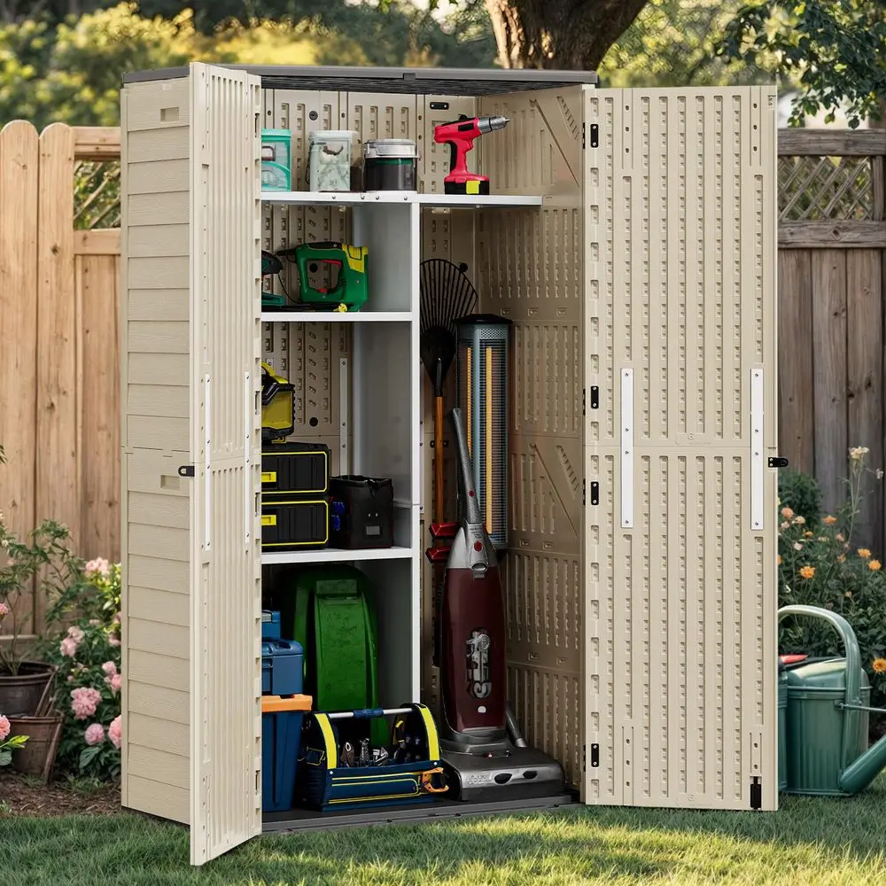 

60 cu ft Tall Outdoor Storage Shed w o Shelf, Resin Vertical Outdoor Storage Shed, Large Waterproof Storage Cabinet for Garage,