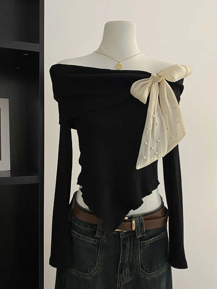 Bow Tied Off shoulder Knitted Long sleeve T shirt Women Youth Elegant Tight Basic Top Sweet Korean Fashion Female Tees 2024 New