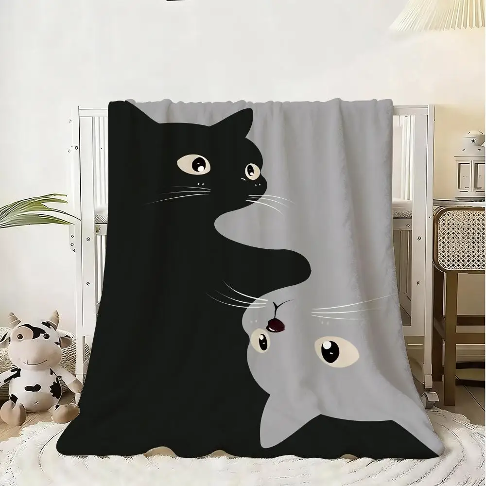 Cute Cartoon Cat Throw Soft Flannel Blanket Warm Knee Skin-Friendly Throw for Sofa Office Bed Traveling Winter Oversize