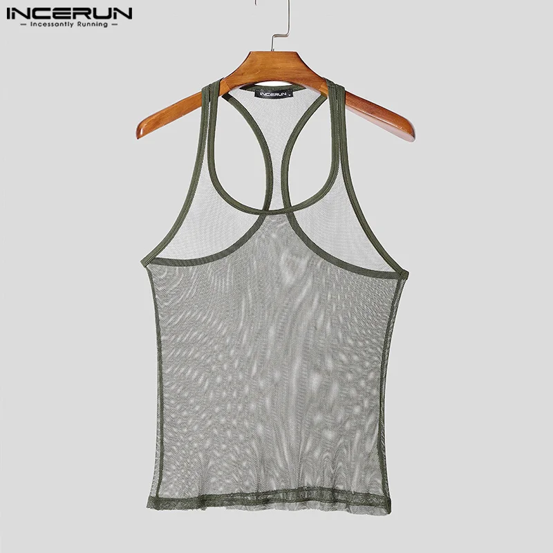 INCERUN Herren Mesh-Tanktops Lässige Einfarbige U-Ausschnitt Männer Sexy Westen Sommer Ärmellose Tops Attraktive Durchsichtige Herrenbekleidung – Detail 11